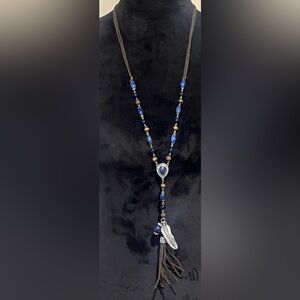 Blue Gemstone, Tassel Pendant Western Style Necklace 30”-34”
